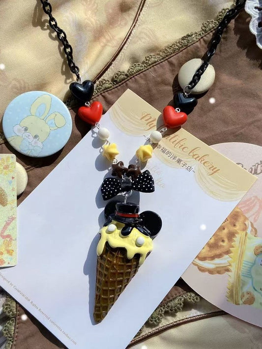 Ice Cream Beaded Pink/White Yellow/Pink/Dark Decorated Necklace Pendant Bowknot