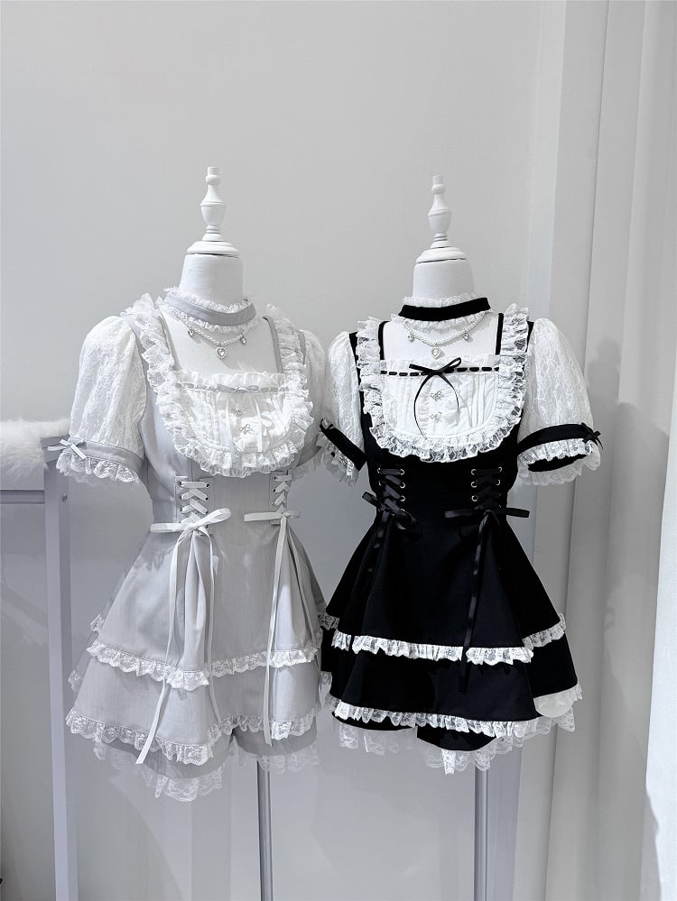 White Fashion Sleeve Two-Piece Choker Ryousangata Matching Bead Dress Shorts Short + With Gray Chain Trim Design Lace Set -