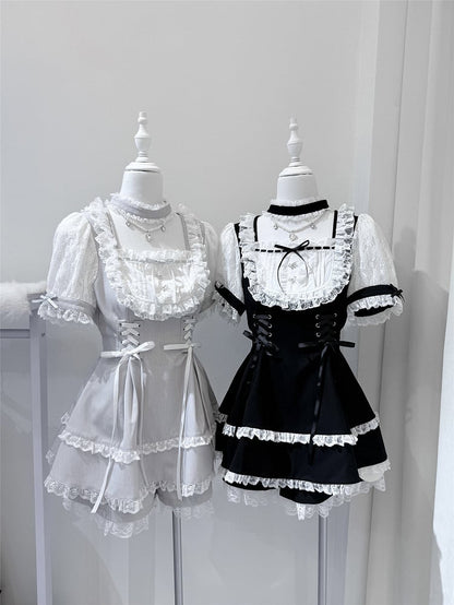White Fashion Sleeve Two-Piece Choker Ryousangata Matching Bead Dress Shorts Short + With Gray Chain Trim Design Lace Set -