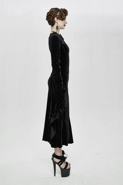 Black Velvet Fitted Dress with Flocking Flared Sleeves