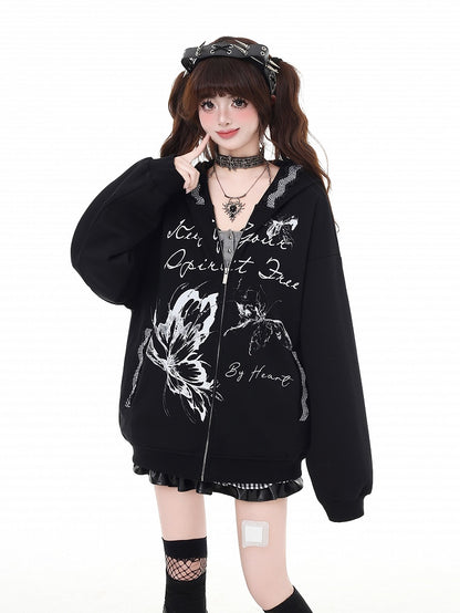 Hoodie Bittersweet Black Butterfly Print Zip Closure