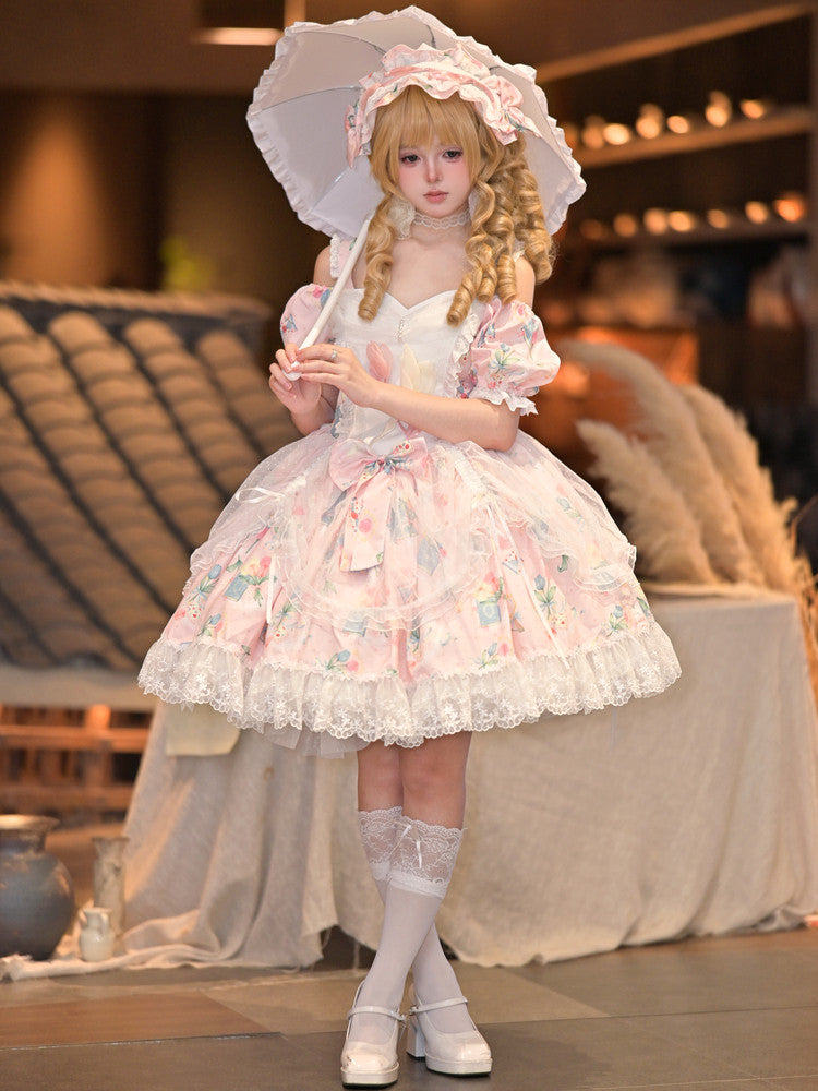 Dress with Pink Off-Shoulder Elegant Drawsting Tulip Lolita Print Tulle Overlay