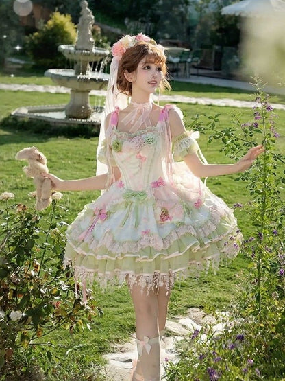 Sweet Lolita JSK Set with Floral Crown and Detachable Sleeves - Sweetheart Macaron Lolita