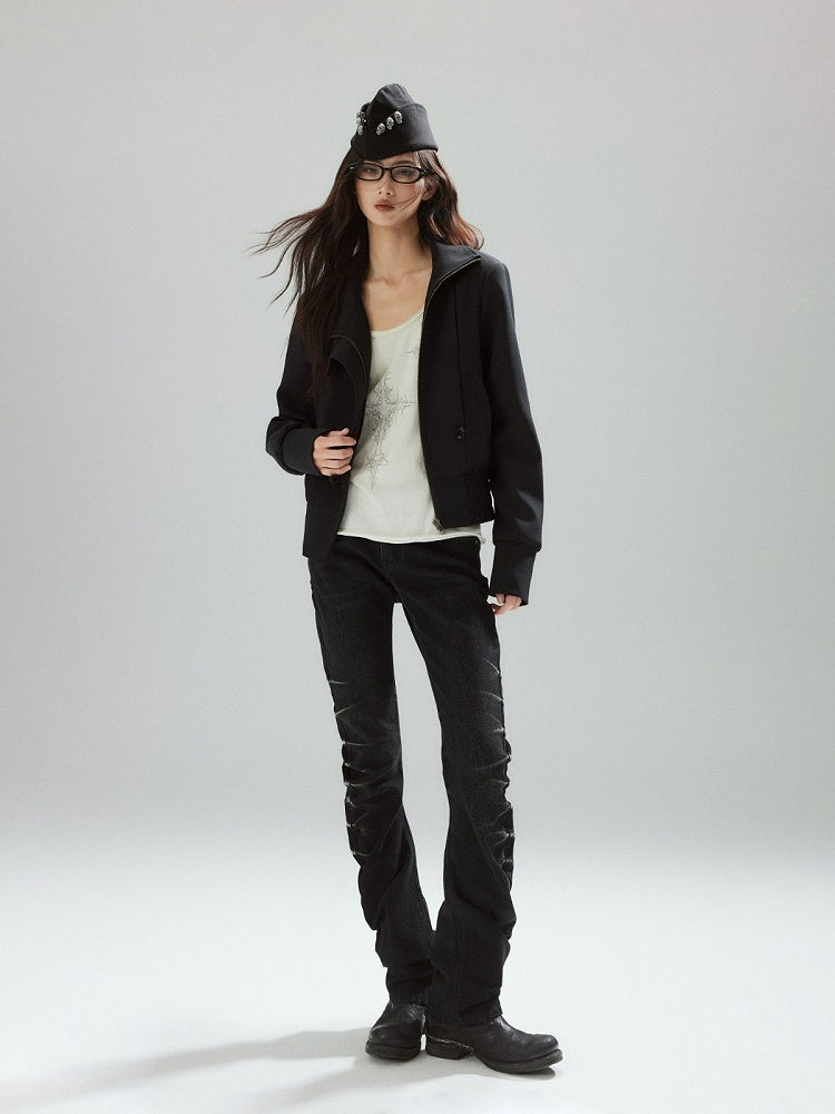 Black Denim Jeans with Stacked Pleats and Zipper Design - Low pixel