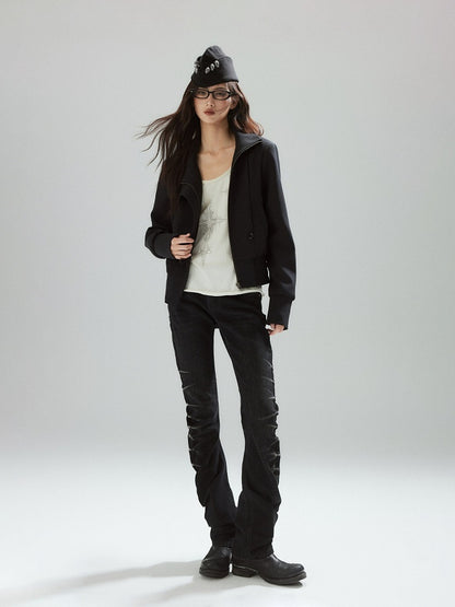 Black Denim Jeans with Stacked Pleats and Zipper Design - Low pixel