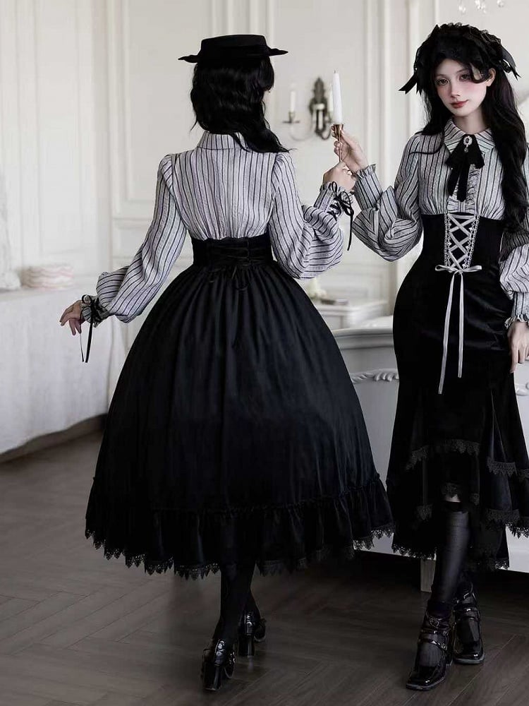 Waist Dress and Fake Striped Blouse Boned Pieces Black Design Skirt Lolita Two
