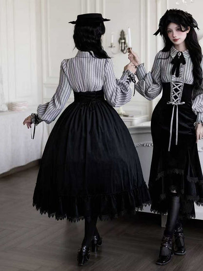 Waist Dress and Fake Striped Blouse Boned Pieces Black Design Skirt Lolita Two