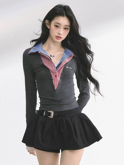 Karierter Kragen Grau Enganliegendes Top Faux Zweiteiler Rot