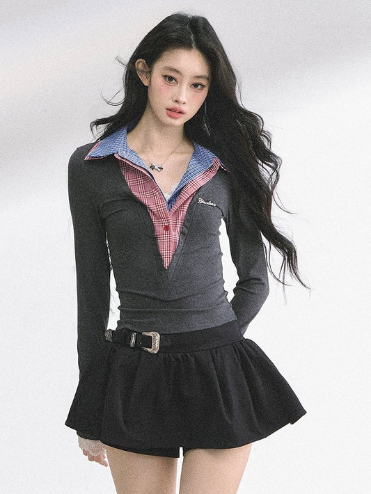 チェックカラーのグレーのスリムフィットトップス、フェイクツーピース、レッド