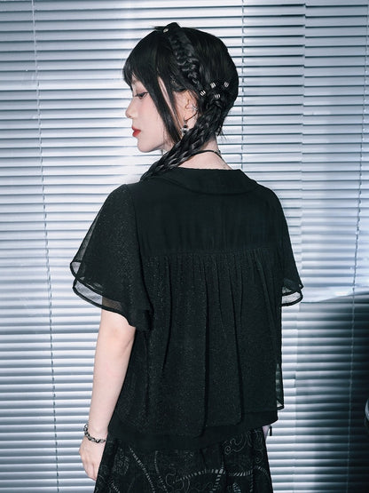 Dark Peter Pan Collar Short Sleeve Blouse with Floral Embroidery - Quirky Hut