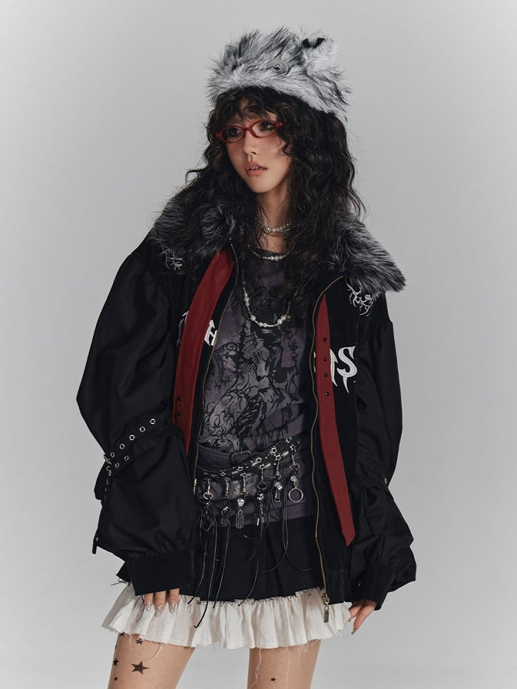 with Jacket Fall/Winter Streetwear Punk Collar Faux Y2K Fur Studded Red Straps Black