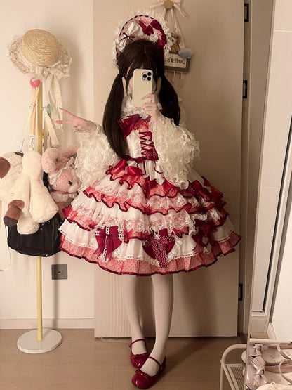 Pullover mit weißen Schleifen, Lolita-Prinzessin, roter herzförmiger Rock, Dekoration, Hanayome, mehrlagig und Kleid