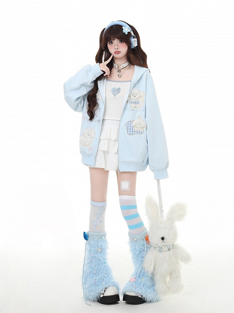 Puppy Embroidery Applique Black/Light Blue Plush Zip Closure Hoodie