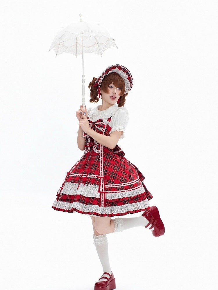 Red-White Plaid Cotton JSK Dress with Ribbon Accent