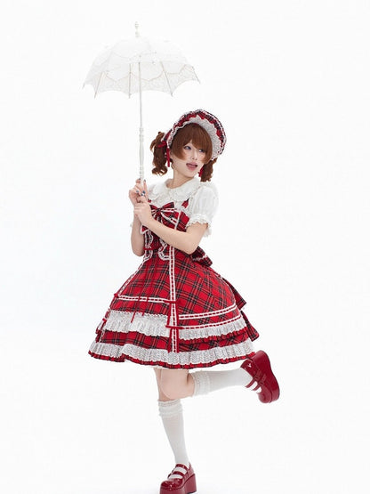 Red-White Plaid Cotton JSK Dress with Ribbon Accent