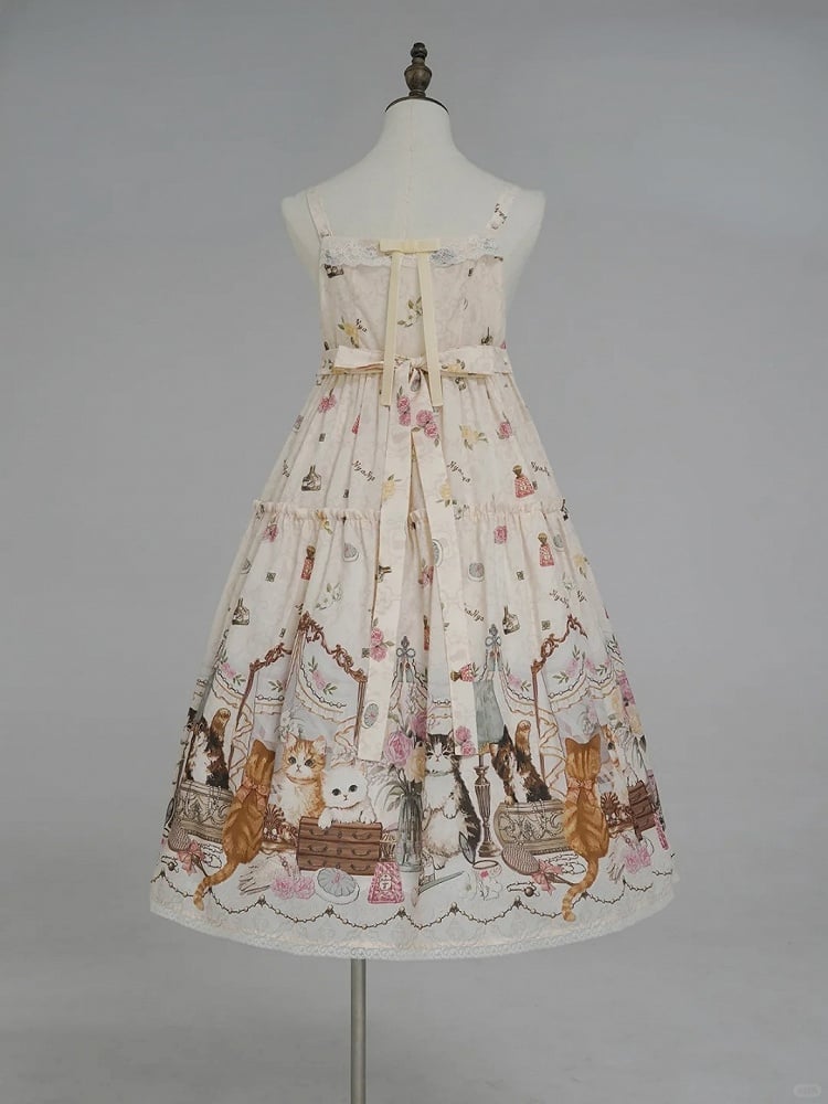 Beige Cat Print High Waist Sweet Lolita Jumper Skirt - NyaNya