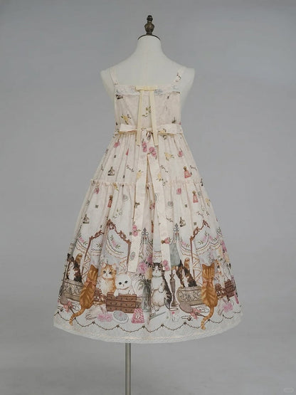 Beige Cat Print High Waist Sweet Lolita Jumper Skirt - NyaNya