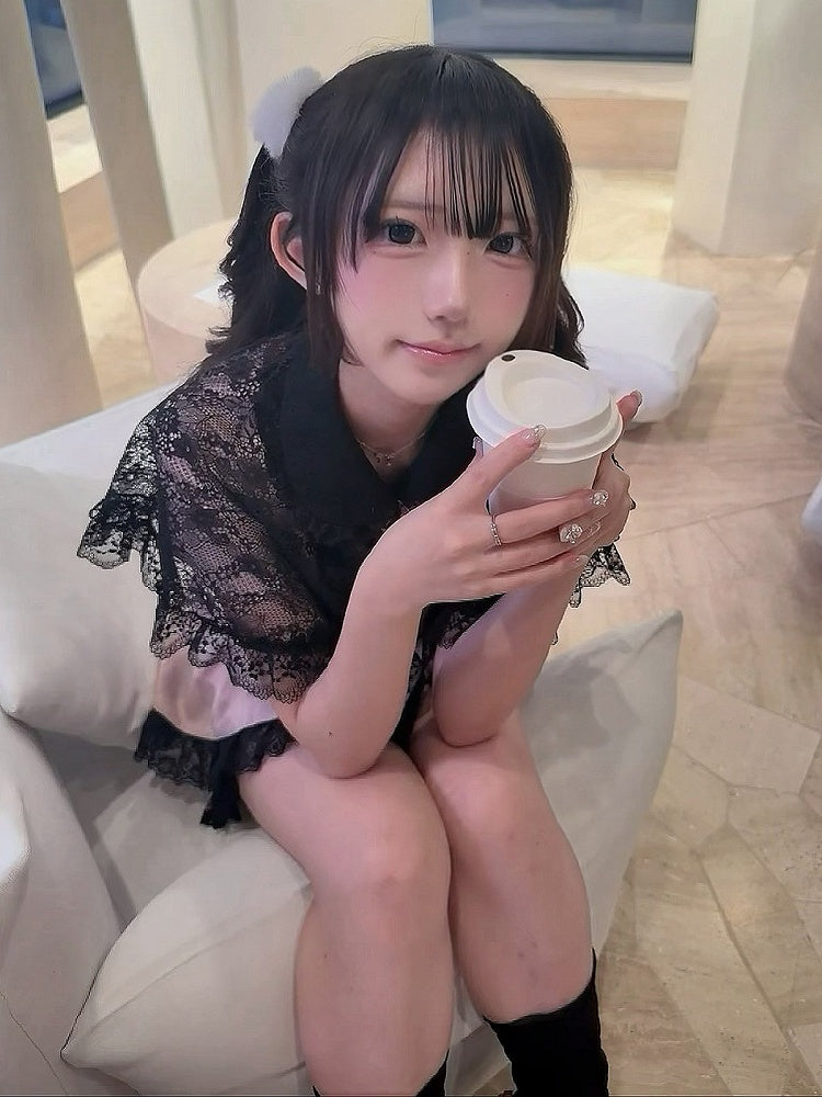 Stripe Dress Set with Lace Cape and Tie - Ekomi