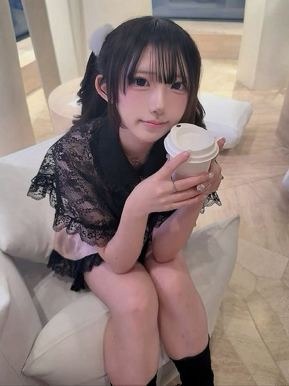 Stripe Dress Set with Lace Cape and Tie - Ekomi