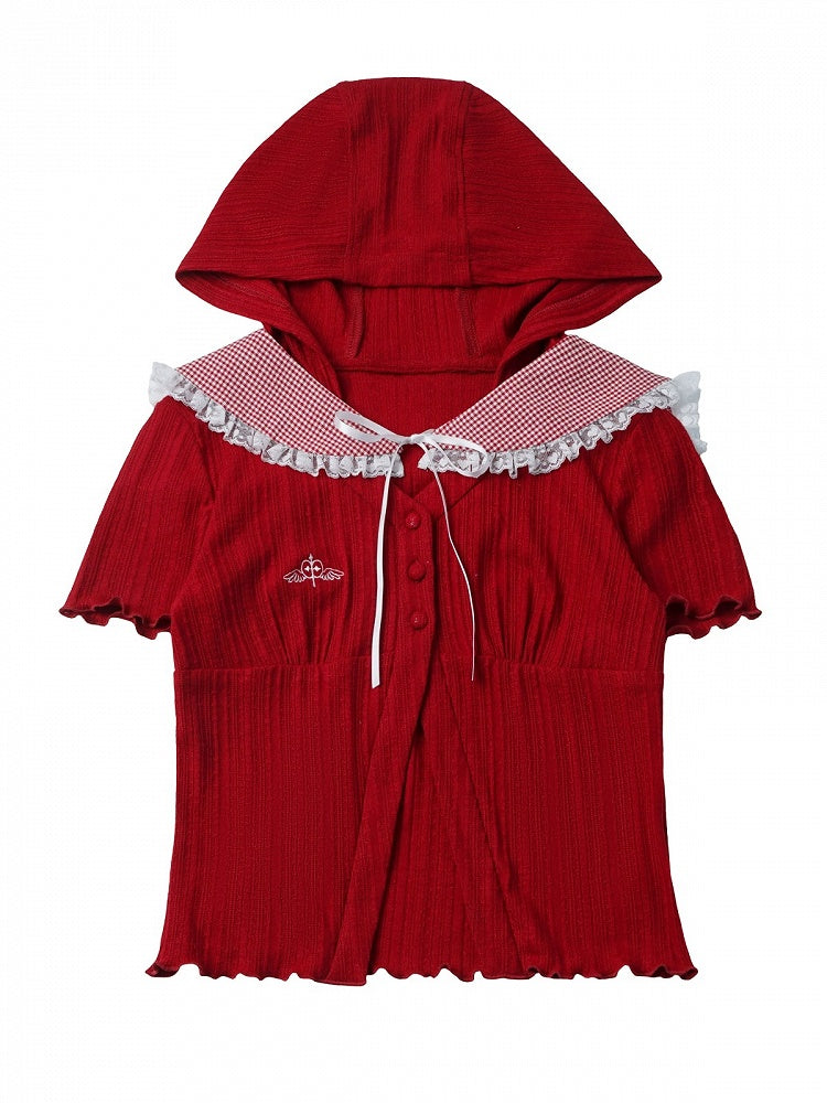 Red Hooded Short Sleeve Knit Cardigan Detachable Gingham Sailor Collar - PINK SAVIOR