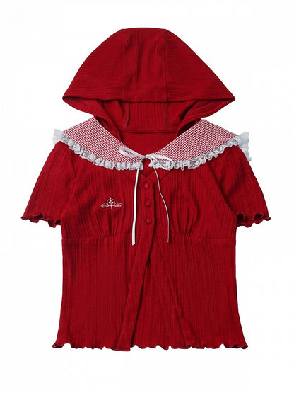 Red Hooded Short Sleeve Knit Cardigan Detachable Gingham Sailor Collar - PINK SAVIOR