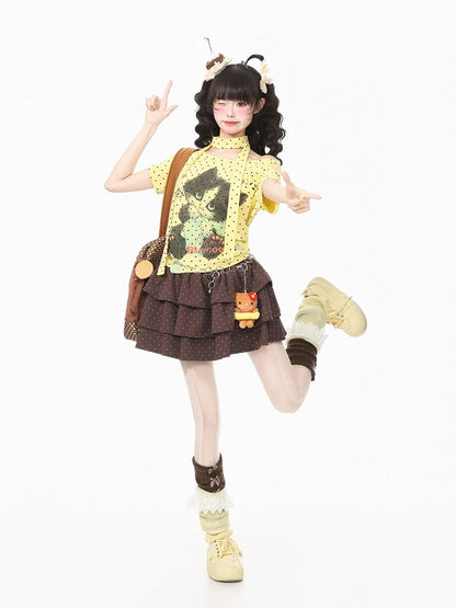 Yellow Kitten Polka Dot Tee with Scarf - Languid Park