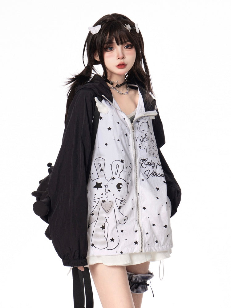Design Kapuze Ohren Kitty Colorblock Zip-up Jacke Cartoon Print Schwarz/Grün