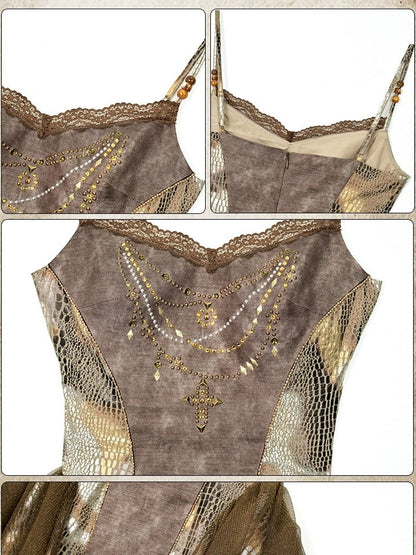 Contrast Pattern Patches Top Hem Lace Asymmetrical Wasteland Brown Cami Punk Snakeskin