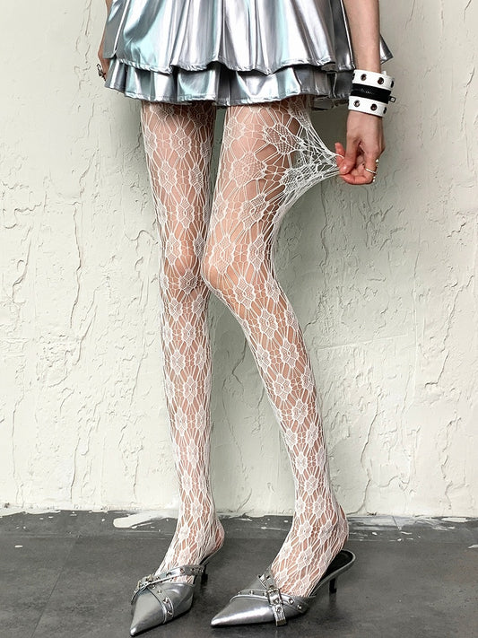 Floral Design Cut-out White Pattern Tights Y2K