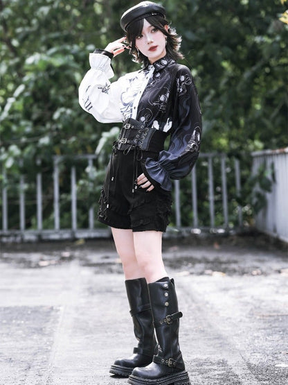 Gothic Black and White Balloon Sleeve Shirt with Asymmetric Skeleton Print - Quirky Hut
