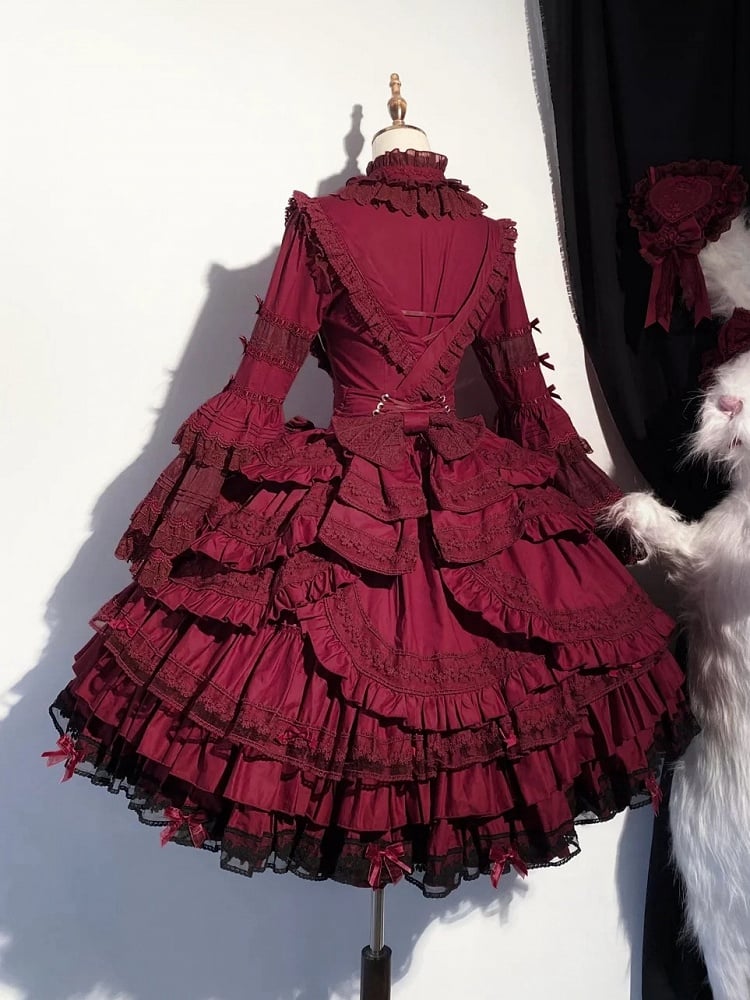 Layered Under Rüschenkleid Büste Wein Saum Schleife Gothic Akzente Lolita Rot mit