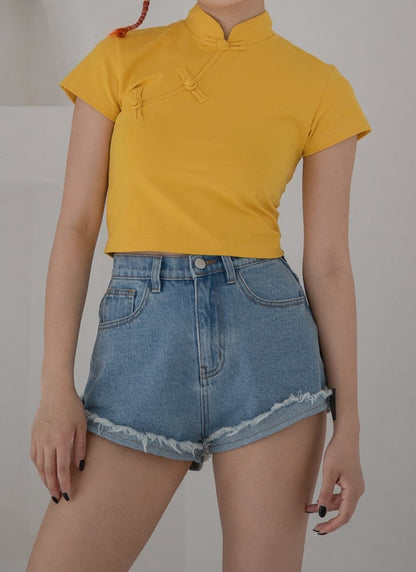 Frosch T-Shirt Crop Cheongsam Verfügbare Farben Knöpfe 5 Mandarin-Stil in mit Kragen -