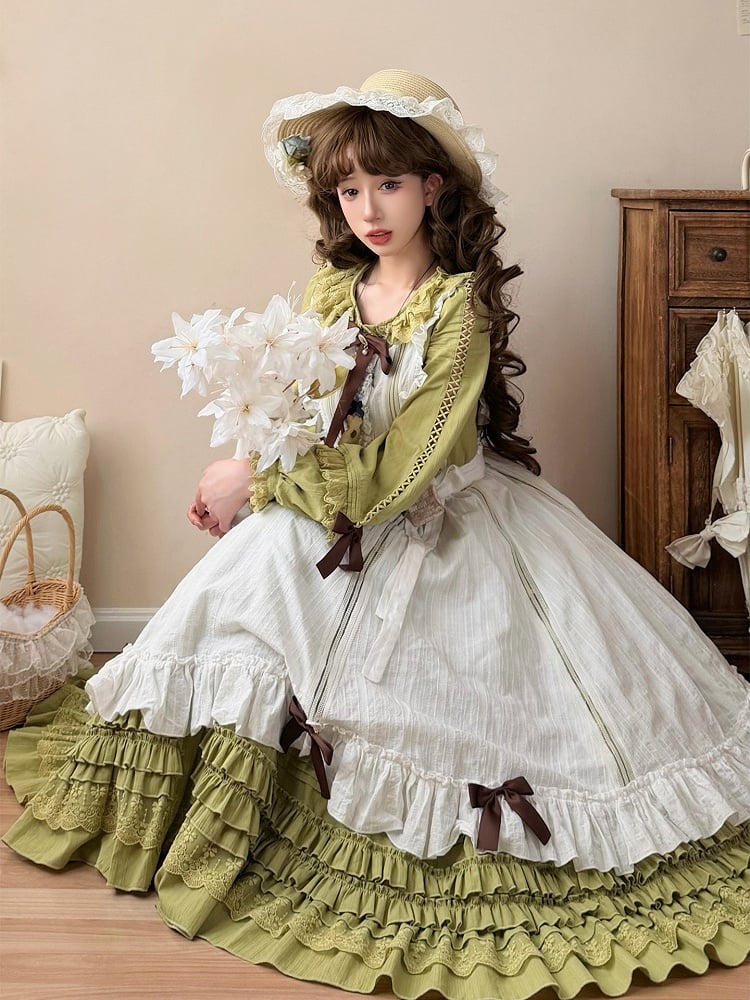 Sleeves Green Olive Design Long One Piece Ruffle Elegant