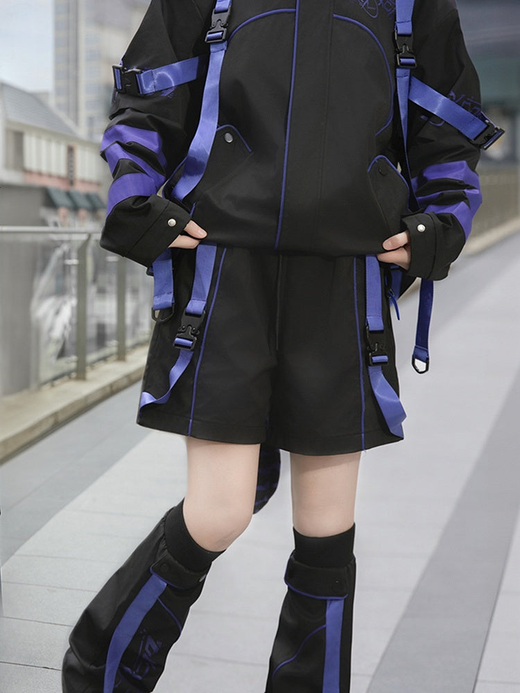 Schwarz-lila futuristische Techwear-Shorts im Landmine-Stil mit geradem Bein und ausgestellten Beinwärmern