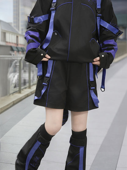 Schwarz-lila futuristische Techwear-Shorts im Landmine-Stil mit geradem Bein und ausgestellten Beinwärmern