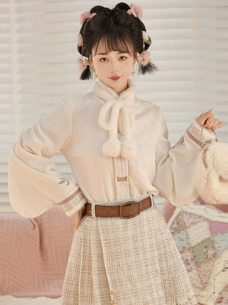 Hanfu-Style Fuzzy Long Sleeve Blouse with Pink Rabbit Embroidered Coat and Pleated Mini Skirt Set - Han Ru Chu Hanfu &amp; Han-Element Studi