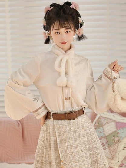 Hanfu-Style Fuzzy Long Sleeve Blouse with Pink Rabbit Embroidered Coat and Pleated Mini Skirt Set - Han Ru Chu Hanfu &amp; Han-Element Studi