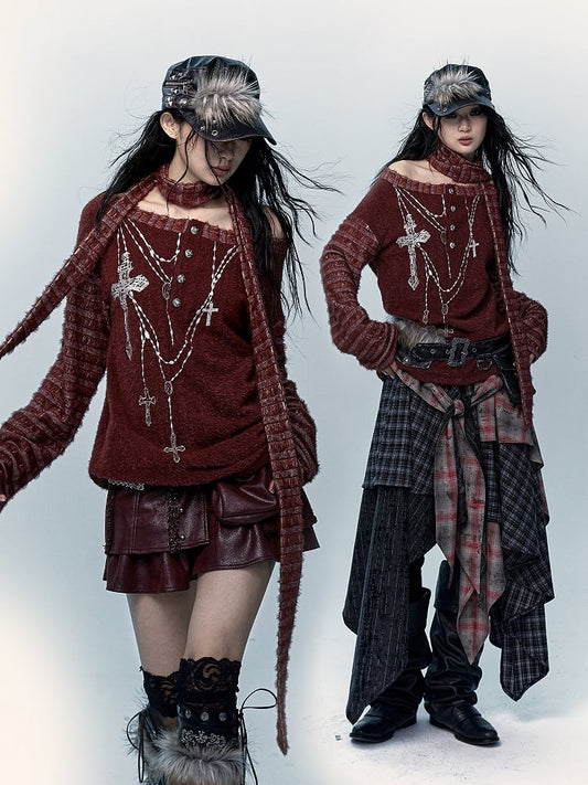 Rotes, schulterfreies Top mit Kreuzstickerei und Schal