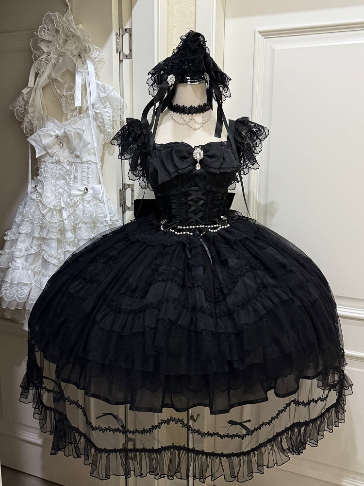 Dress Bows Hanayome-Style Multi-Layer + Overlay Lolita Apricot Full JSK Gentle Details / Rhinestone Set Lace with