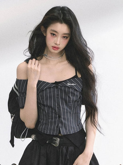 ツーピース オフショルダー ネックライン ブラック＆グレー ストライプ トップス フェイク