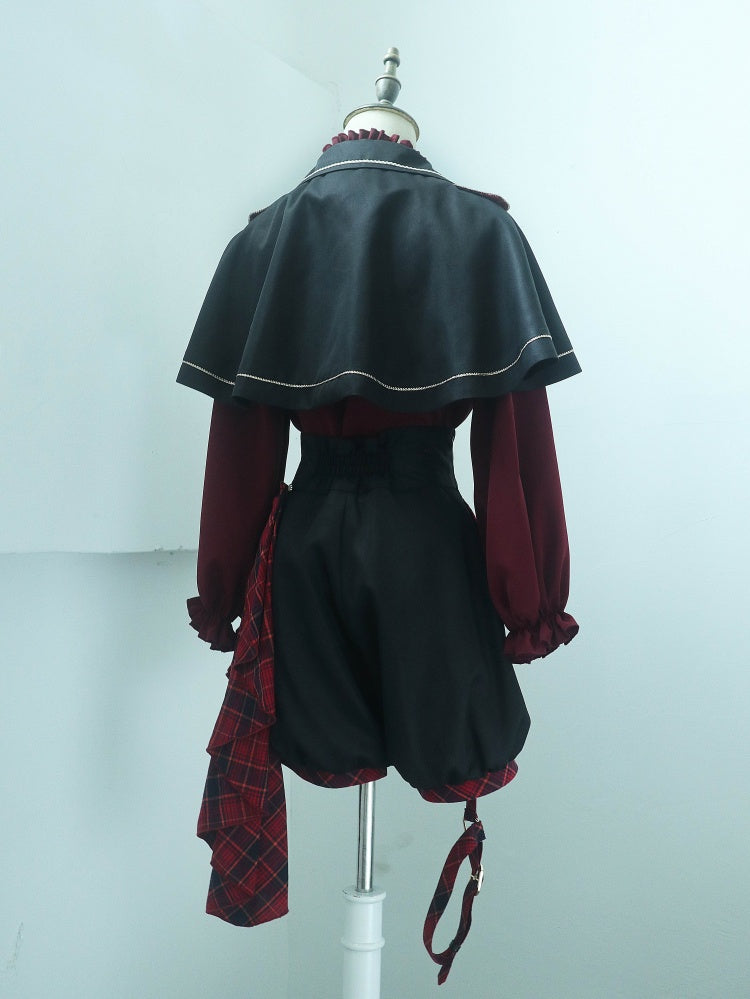Black and Red Gryffindor Plaid Pattern Ouji Lolita Set Cape + Shorts