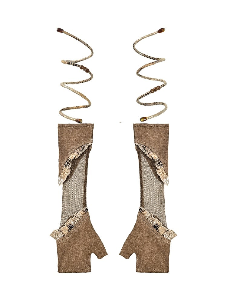 Punk Ruffles Pattern Brown Gloves Trim Wasteland Snakeskin