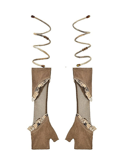 Punk Ruffles Pattern Brown Gloves Trim Wasteland Snakeskin
