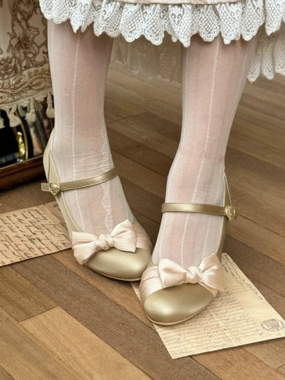Bow Accents & Decorative Heart Snap PU Golden Mid Heels in Classic Lolita