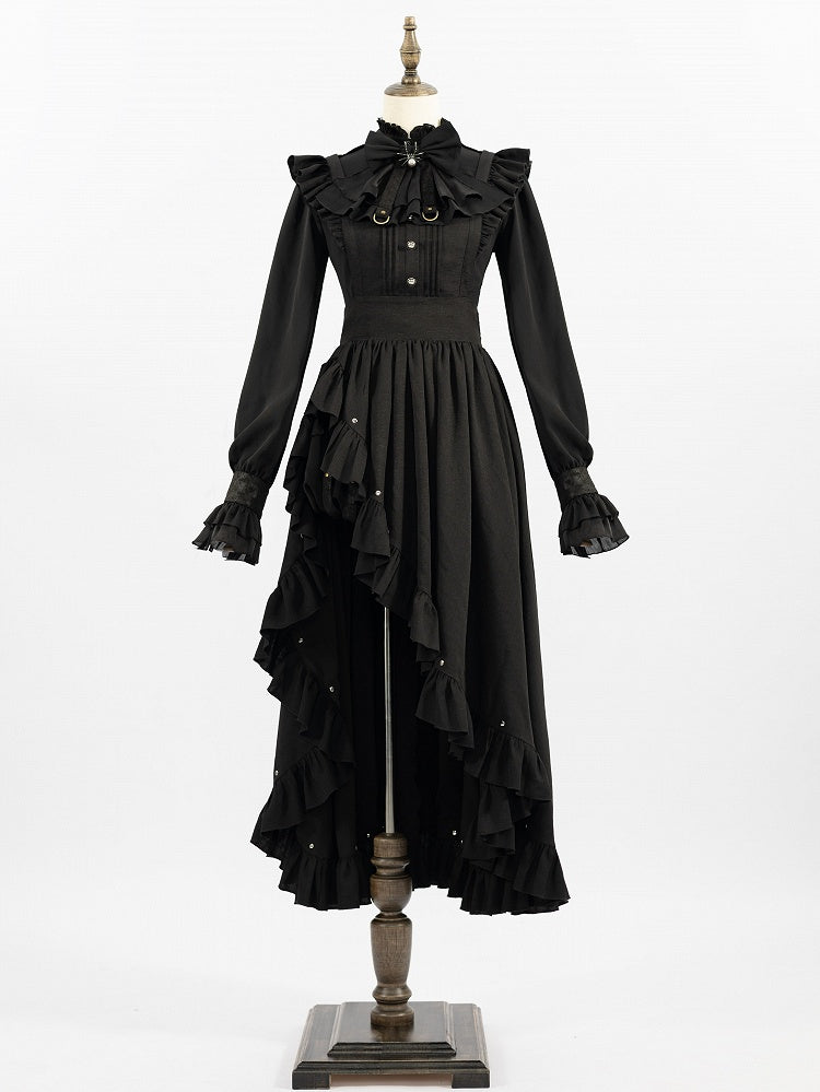 High Neck Long Sleeve Black Shirt with Ruffle Cuffs and Spider Bowtie - DevilInspired Exclusive Collection