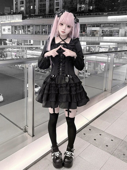 Jirai Kei Pure Black Halter-Neck Tiered Ruffle Dress with Bow Accents & Long Sleeves - Puppet Bombs