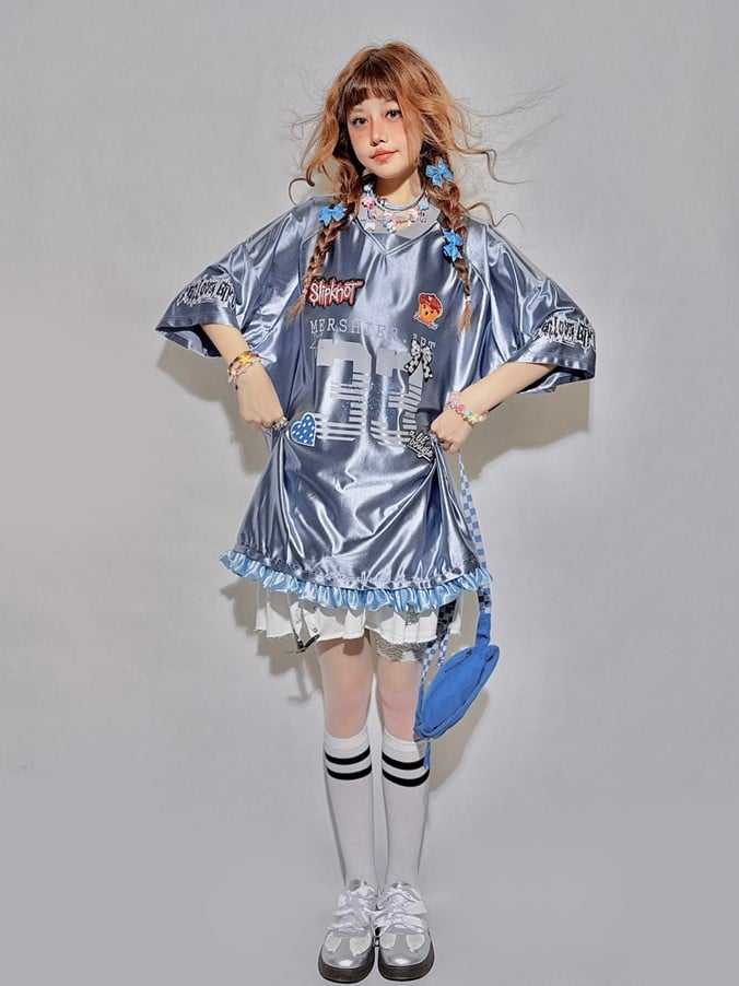 Print Number Long/Short Sleeve and Sports with V-Neck Top Cute Patchwork Blue