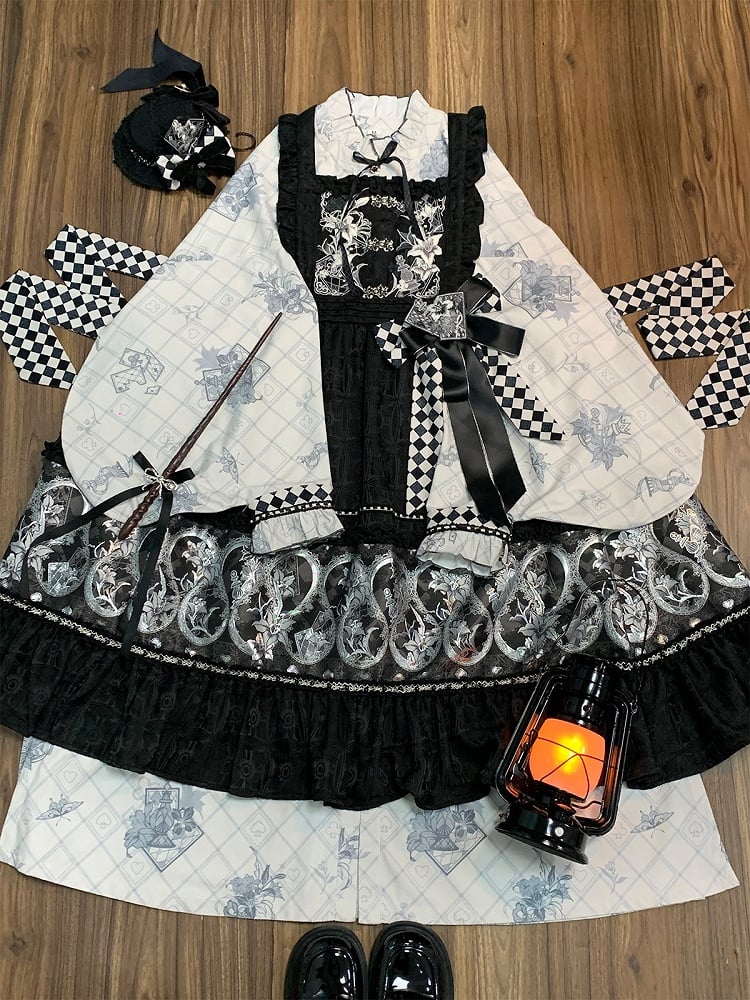 White Chess Theme Print Long Sleeve Dress Checkered Detail - Luo Xiu Dong Xiang