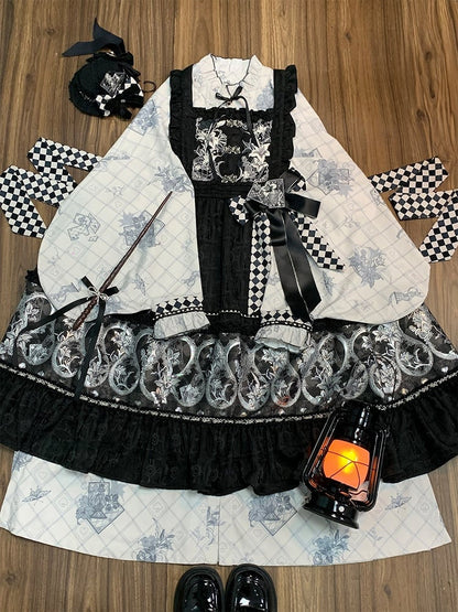 White Chess Theme Print Long Sleeve Dress Checkered Detail - Luo Xiu Dong Xiang