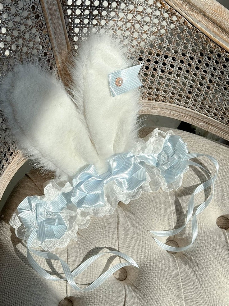 Plush Ear Lolita Striped Bunny Blue/Pink with Hairband Lace Bows Accents and